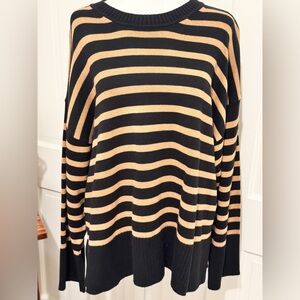 J. Crew Preppy Oversized Striped Black and Tan Sweater Cotton Sz L NWT